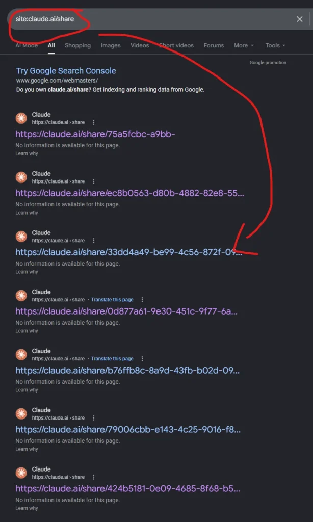 Reddit user reports that a simple Google dork request retrieves Claude shared conversations via Google | Source: Reddit