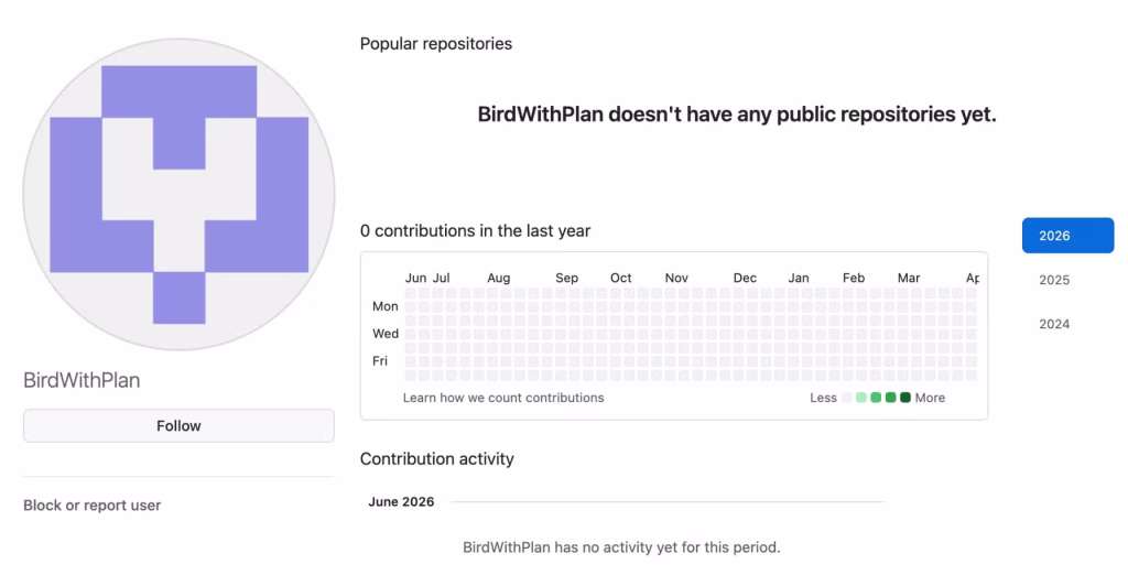 Screenshot of the BirdWithPlan GitHub account identified as one of several ghost accounts used during API enumeration campaigns.