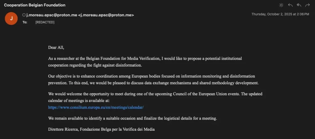 TA488 “Cooperation Belgian Foundation” lure email from October 2025 | Source: Palo Alto