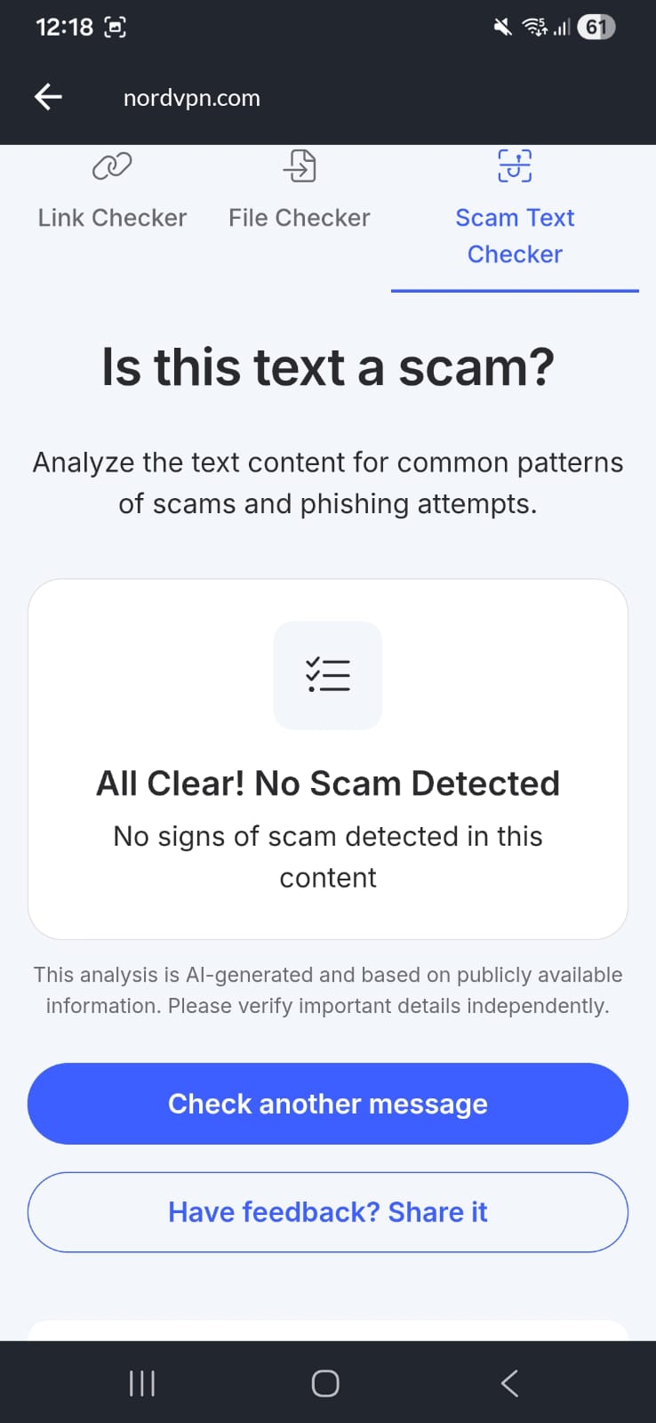 NordVPN Scam Text Checker displaying a "No Scam Detected" result for an SMS message.