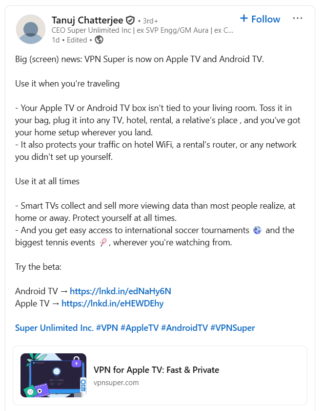 VPN Super team sharing the update of its launch of beta app for Apple TV on their official LinkedIn