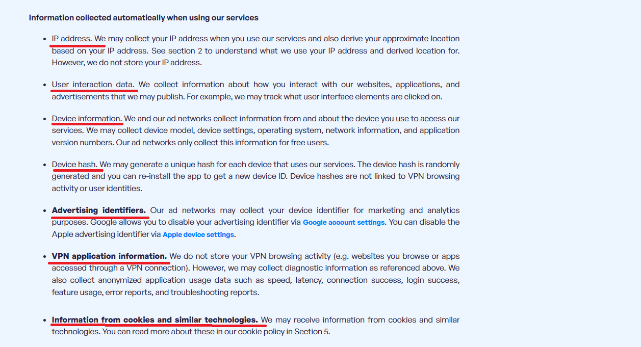 VPN Super privacy policy dated 3 July 2026, describing information collected automatically during service use.