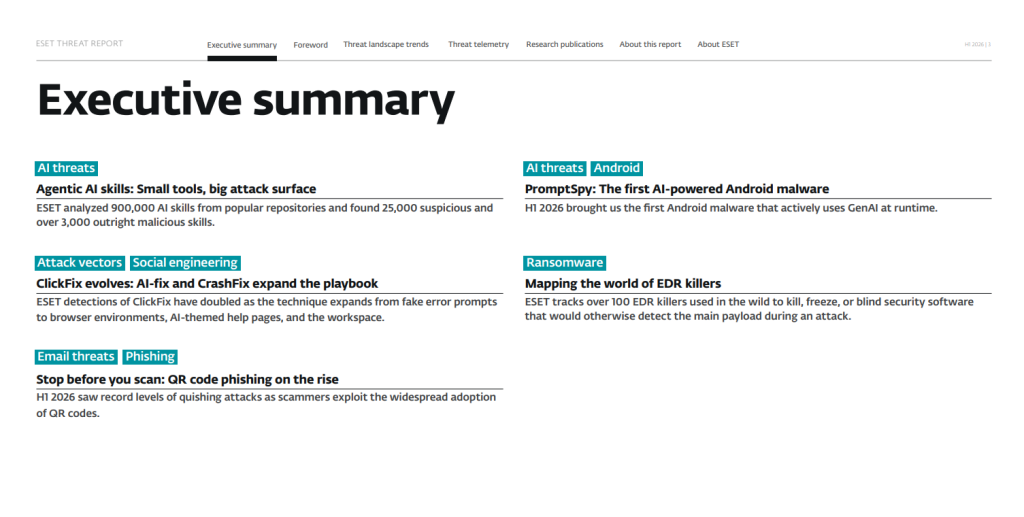 Executive summary from the ESET Threat Report H1 2026 highlighting AI-driven cyber threats, ClickFix expansion, QR phishing, and ransomware activity.