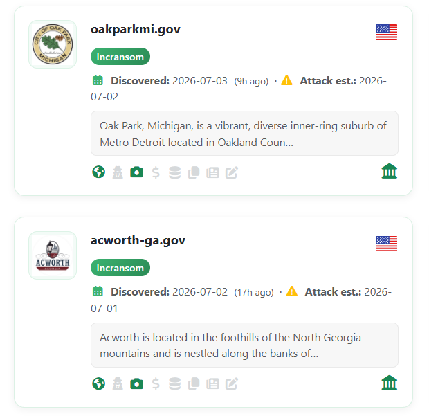 INC Ransom listed Oak Park and Acworth (screenshot) | Source: TechNadu via Ransomware.live
