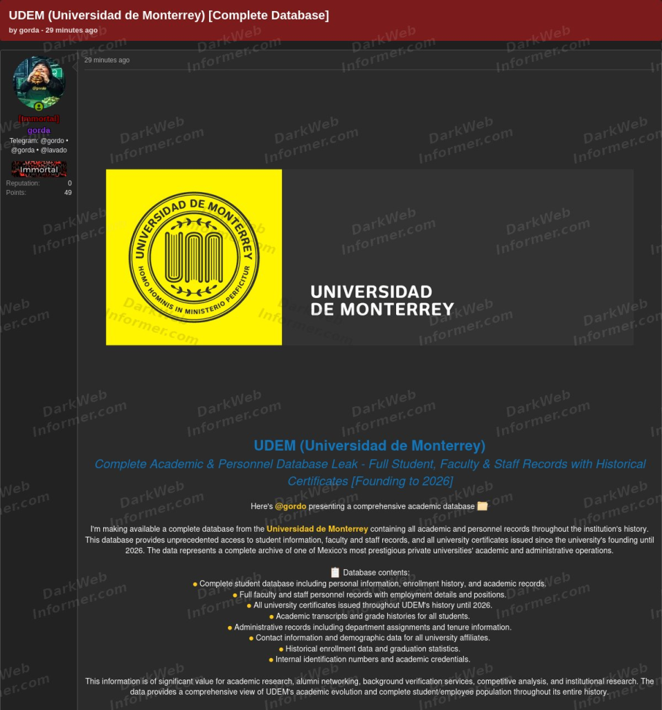 UDEM data breach listed on hacker forum | Source: Dark Web Informer