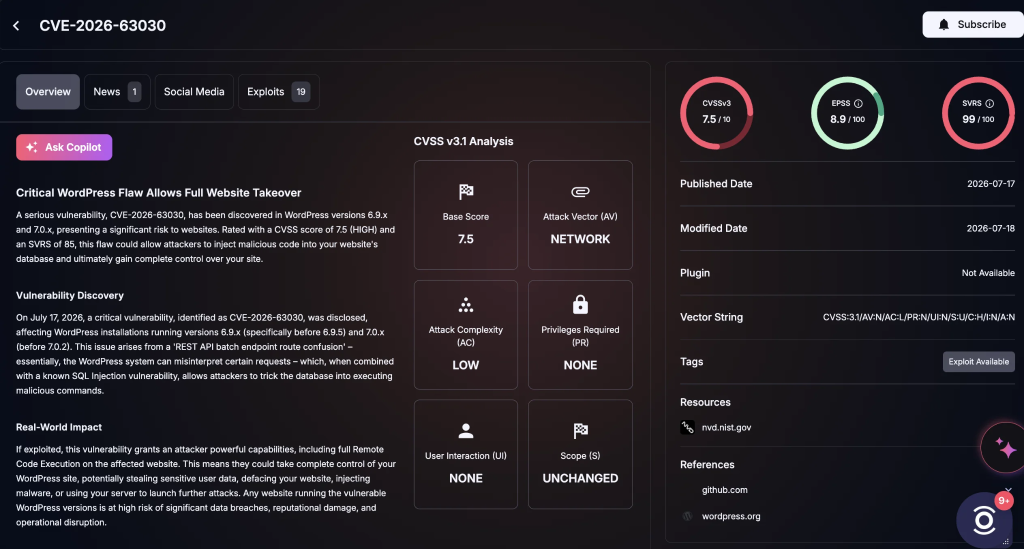 Details of CVE-2026-63030 in SOCRadar Vulnerability Intelligence | Source: SOCRadar
