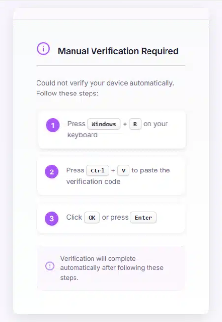 “Manual Verification Required” ClickFix page | Source: Malwarebytes