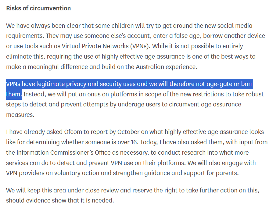 Screenshot of the UK government's written statement confirming VPNs will not be restricted