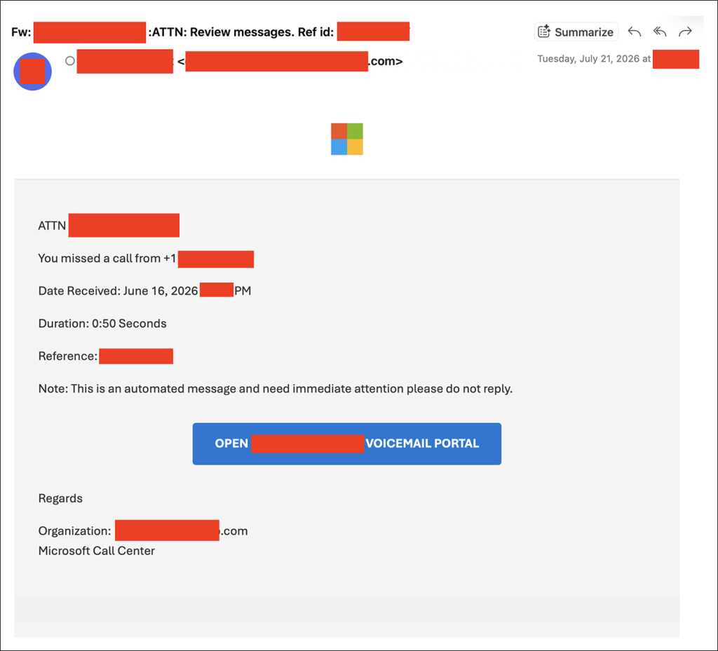 Redacted phishing email showing the voicemail notification lure | Source: Arctic Wolf Labs