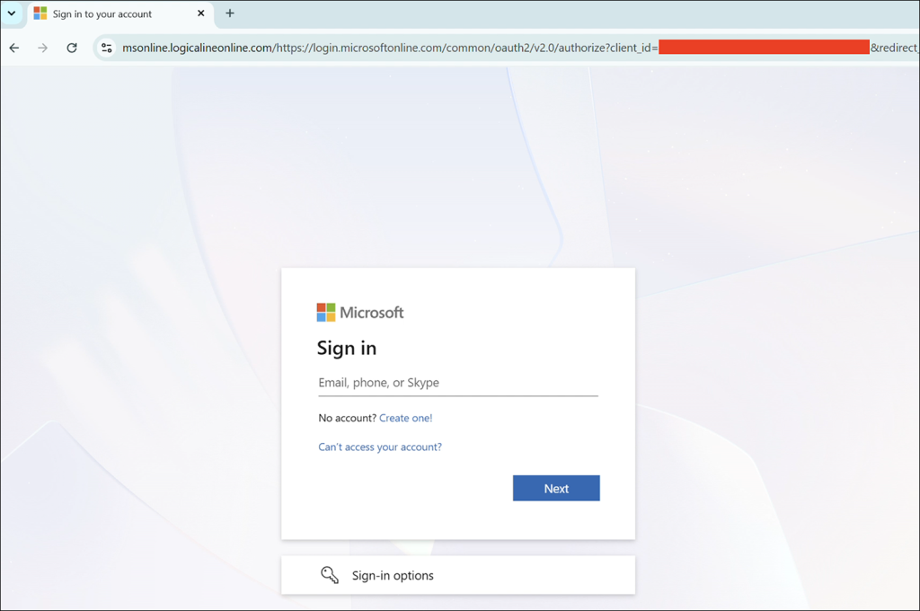 The official Microsoft 365 login page is proxied through an AiTM-generated page | Source: Arctic Wolf Labs